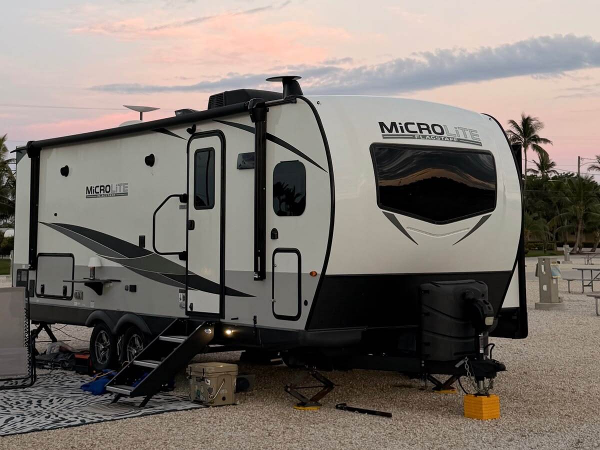 Forest River Flagstaff MicroLite travel trailer at sunset